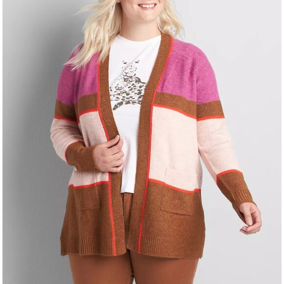 Lane Bryant Colorblock Cardigan Sweater Women 14/16 Pink Open Front Pockets NWT - Picture 2 of 9